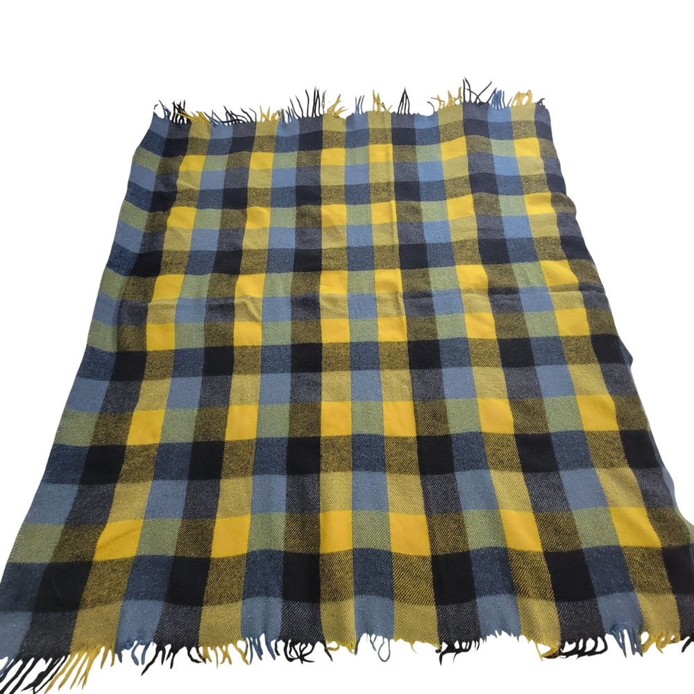 Waverley All Wool Blanket South Africa Yellow Blue Plaid Check Fringed 55x55"